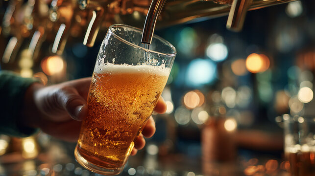 Pouring a refreshing drink at a busy bar during the evening with vibrant lights and a lively atmosphere Generative AI