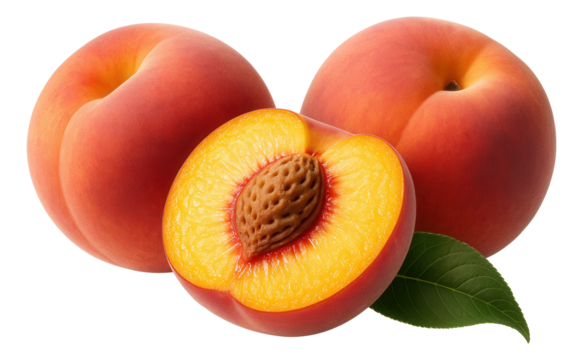 Ripe whole peaches and a halved peach with a visible pit and green leaf.