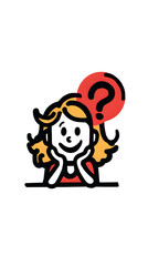 Fototapeta premium Ilustración de chica pensativa con signo de interrogación rojo sobre fondo blanco