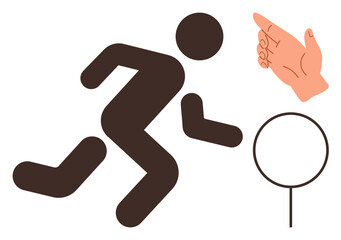 Human figure running symbolizing action or urgency, pointing hand representing direction or leadership, and empty circle suggesting focus. Ideal for guidance, control, motivation, goals, progress