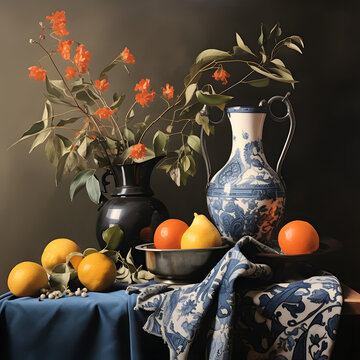 Bodeg&oacute;n cl&aacute;sico con frutas, jarrones y flores sobre fondo oscuro
