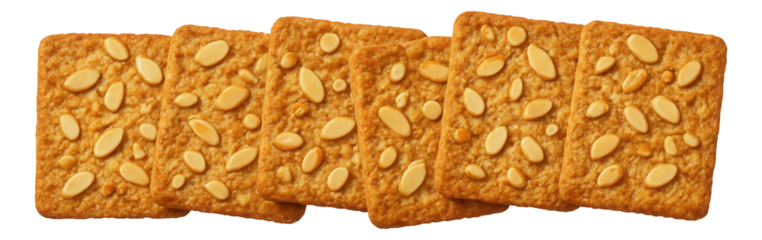 Rectangular almond crackers topped with sliced almonds arranged in a row.