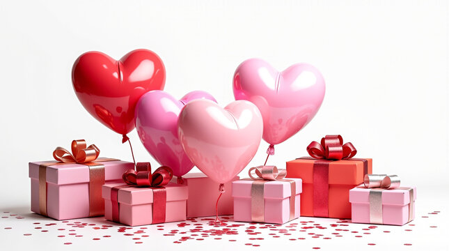 A heartwarming display of pink and red heart balloons paired with elegantly wrapped gifts, scattered with confetti, isolated on white background, captures the spirit of love and joy, ideal for valenti