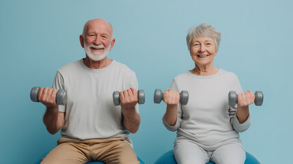 Senior couple enjoying fitness together while exercising with dumbbells in a bright blue studio setting Generative AI