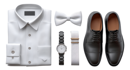 Elegant Men's Formal Wear with Shirt, Bow Tie, Watch, Shoes on Transparent Background