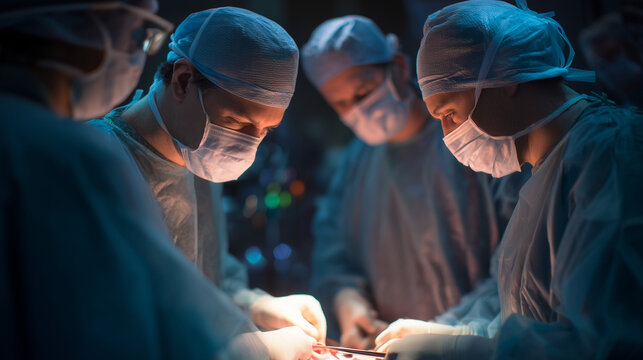 Surgeons perform a complex operation in an operating room during a nighttime procedure Generative AI