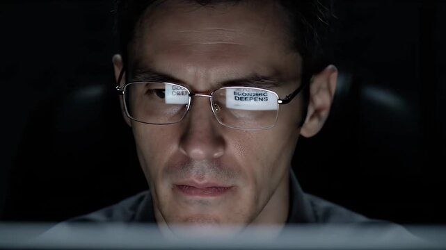man with glasses studies computer screen. reflection of laptop and code appears in glasses. software and technology content indicates cybersecurity. digital data and interface detail fill frame.