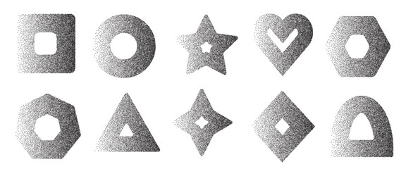 riangle, rectangle, star and circle dotwork. Vector gritty stickers forms