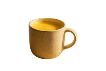 Golden milk turmeric latte warming a ceramic mug, offering a cozy, healthy, and antioxidant-rich beverage experience, perfect as a vegan and dairy-free drink for wellness. Transparent background