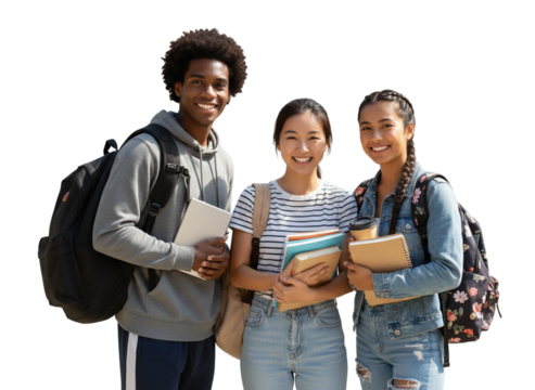 Three Happy College Friends Posing Together for Group Photo PNG