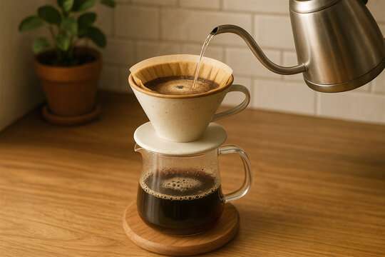 Gooseneck kettle pouring hot water into a ceramic dripper with a paper filter, slowly brewing fresh coffee into a clear glass server on a wooden countertop