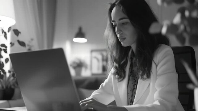 A woman working on a laptop in an office setting.