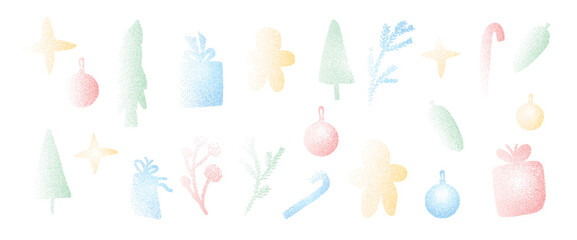Pastel grain noise Christmas elements set. Grunge dotwork gradient xmas tree, balls and gift boxes with gingerbread cookies. Vector paint spray icons