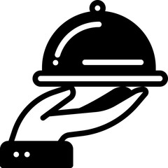 Minimal Solid line icon of hand holding food tray with lid, for hotel room service or catering.