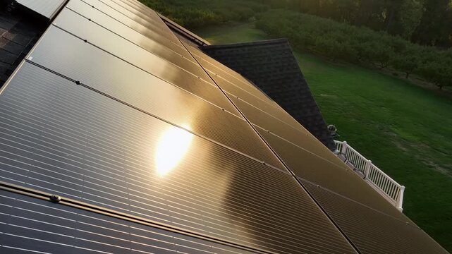 Solar panels on roof of american house during golden sunset. green grass in garden. Quiet suburbia. Production of green energy. Aerial tilt up wide shot. Mississippi, USA.