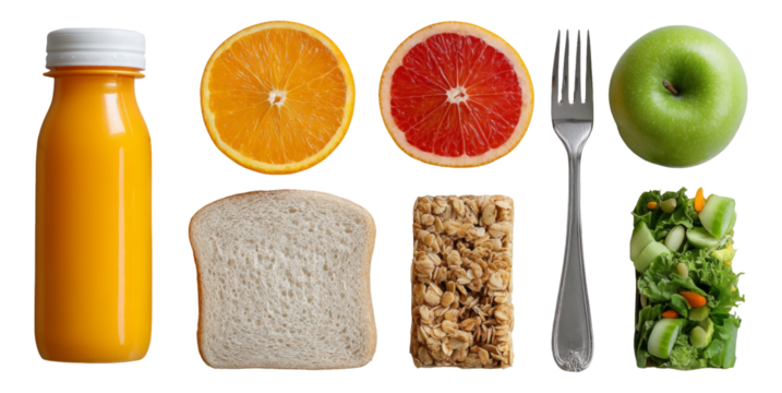 Fresh and Healthy Food Selection with Juice, Fruits, Bread, and Salad on Transparent Background