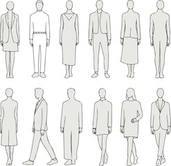 Minimalist vector illustration of diverse human figures in various poses and attire