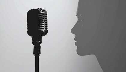 Vintage microphone and silhouette of a person's face