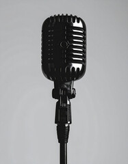 Vintage microphone against a gray background.