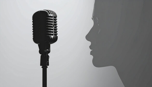 Vintage microphone and silhouette of a person's face