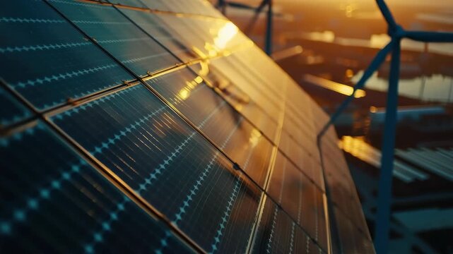 Panoramic view of large solar panel grid against golden sky.