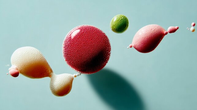 A composition of colorful, textured spheres and blobs in various shapes and sizes floating against a soft blue background. - Powered by Adobe