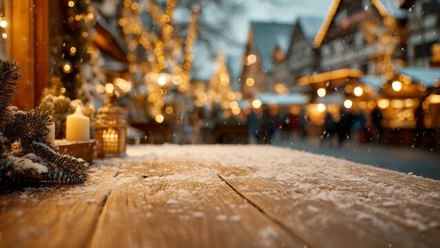 Snow-dusted wooden table at a festive Christmas market with blurred lights in the background.