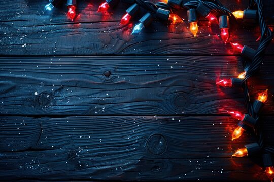 Glowing Christmas fairy lights on a dark blue rustic wooden background with a dusting of snow.