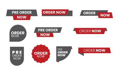 Order now, pre order now. Collection of label, sticker, badge, tags, and ribbon for promotion. Sale banner element design. Vector illustration