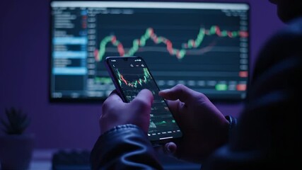 Holding smartphone showing trading app. Trader studies candlestick chart on smartphone. Monitor shows stock market chart behind hands. Hands tap screen for investment and finance. Dim purple trading. - Powered by Adobe
