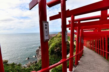 日本の山口の赤の鳥居の元乃隅神社