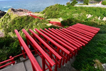 日本の山口の赤の鳥居の元乃隅神社