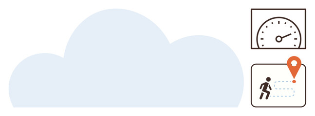 Large cloud with a speedometer symbolizing speed and performance, alongside navigation showing a user reaching a destination. Ideal for cloud computing, performance, navigation, tracking, technology
