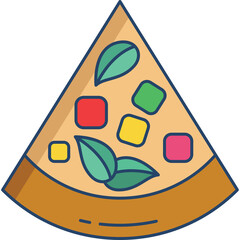 A Flat Design Slice Of Pizza With Colorful Toppings Including Red Yellow And Green Squares And Green Basil Leaves On A Transparent Background