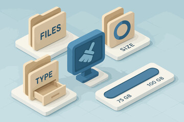Digital file management icons: type, size, and storage visualization