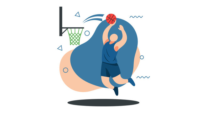An illustration captures a basketball player mid-air, poised to shoot the ball towards the hoop, showcasing action and athleticism in a dynamic vector design.