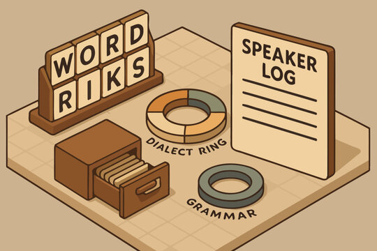 Language tools: word scramble, dialect rings, speaker log, grammar analysis