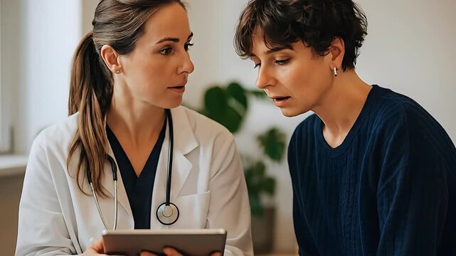 Compassionate female doctor discussing health results with a concerned patient during a medical consultation using a digital tablet