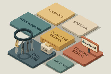 Isometric tool organizer with assembly, storage, electronics, booking status, and woodworking sections