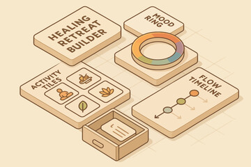 Wellness retreat planning tools with mood ring and flow timeline illustrations