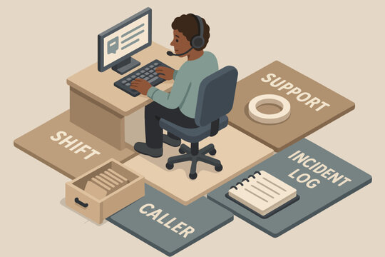 African male adult at computer providing technical support in office environment - Powered by Adobe