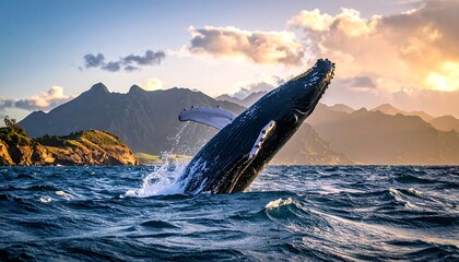 Fototapeta premium Whale breaches ocean surface, soaring against a scenic backdrop of mountains and sky tinged with sunset hues