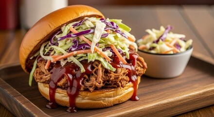 Pulled pork sandwich with BBQ sauce and coleslaw, on wood serving tray