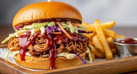 Pulled pork sandwich with BBQ sauce and coleslaw, on wood serving tray