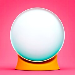 Obraz premium A clear glass orb with a white interior rests on a bright orange stand, set against a solid pink backdrop.