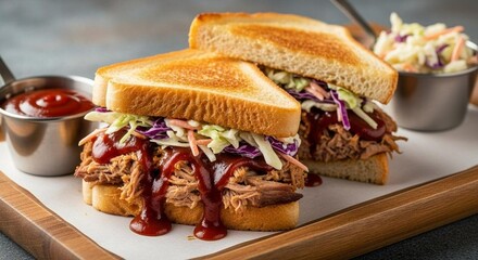 Pulled pork sandwich with BBQ sauce and coleslaw, on wood serving tray