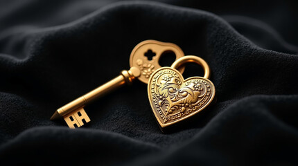 A golden heartshaped padlock and key rest on a luxurious black velvet surface, symbolizing love, security, and timeless elegance with intricate details and a romantic aesthetic