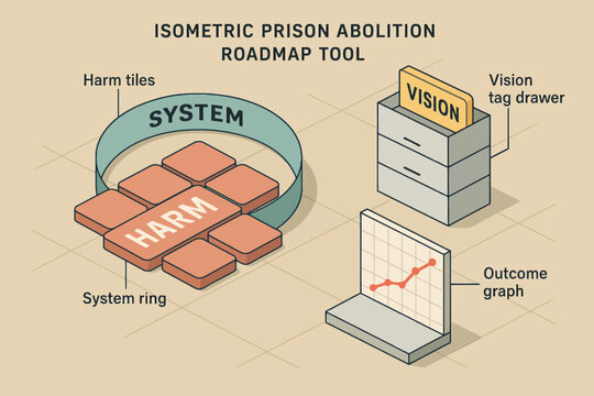 Isometric prison abolition roadmap tool with harm and vision elements