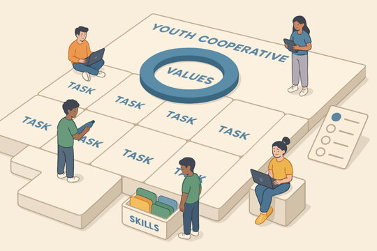 Diverse young adults collaborating on youth cooperative values and skills development