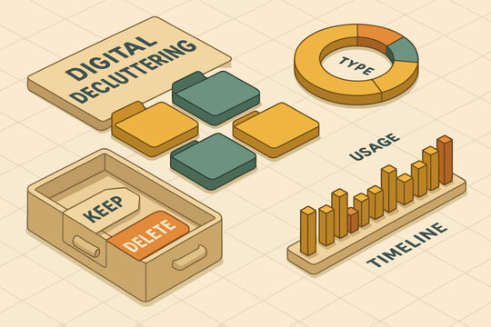 Digital decluttering concept with charts and file storage graphics